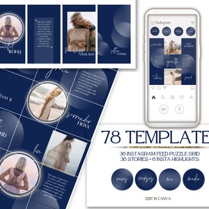 Instagram Puzzle: 78 Luxury Navy Blue Instagram Grid, Story Templates and Instagram Highlights
