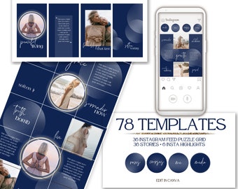 May include: A set of 78 Instagram templates for social media marketing. The templates are designed in a blue and white color scheme with a modern and minimalist aesthetic. The templates include a variety of layouts for posts, stories, and highlights. The text on the templates includes phrases like "soften", "truth bomb", "surrender now", "peaceful living", and "growth".