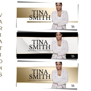 May include: Three variations of a business card with a gold and black background. The card features a woman in a white blazer with her arms crossed. The text on the card reads "Tina Smith, Business Mentor for high level CEOs & CFOs".