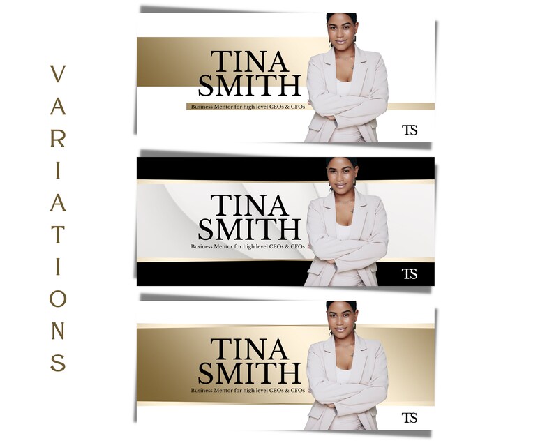 May include: Three variations of a business card with a gold and black background. The card features a woman in a white blazer with her arms crossed. The text on the card reads "Tina Smith, Business Mentor for high level CEOs & CFOs".