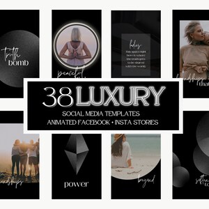 May include: A set of 38 black and white animated social media templates for Instagram and Facebook stories. The templates feature various designs, including circles, triangles, and text overlays. The text on the templates includes phrases like "truth bomb", "peaceful", "friendships that last", "power", "beyond", and "soften today".