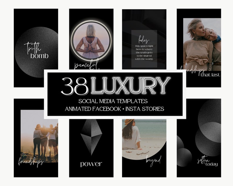 May include: A set of 38 black and white animated social media templates for Instagram and Facebook stories. The templates feature various designs, including circles, triangles, and text overlays. The text on the templates includes phrases like "truth bomb", "peaceful", "friendships that last", "power", "beyond", and "soften today".