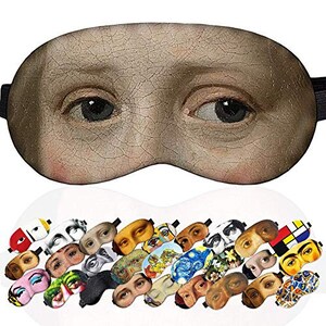May include: A sleep mask with a realistic painting of a person's eyes. The mask is made of a soft, comfortable material and is designed to block out light.