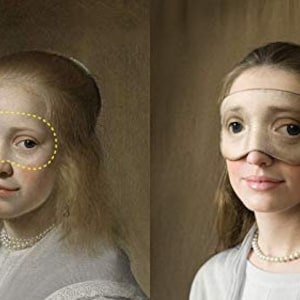May include: A side-by-side comparison of two portraits. The portrait on the left is a painting of a woman with long blonde hair wearing a white lace collar. The portrait on the right is a photograph of a woman with long brown hair wearing a white mask over her eyes and a white lace collar.