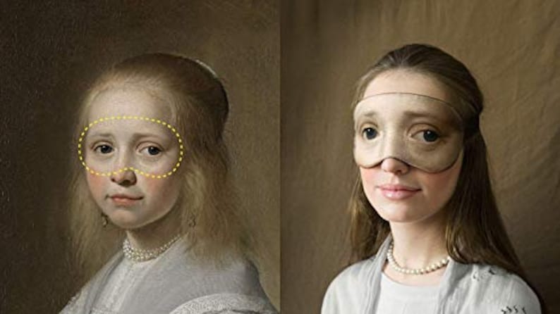 May include: A side-by-side comparison of two portraits. The portrait on the left is a painting of a woman with long blonde hair wearing a white lace collar. The portrait on the right is a photograph of a woman with long brown hair wearing a white mask over her eyes and a white lace collar.
