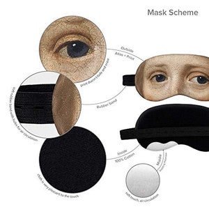 May include: A black sleep mask with a soft, comfortable cotton lining. The mask has a rubber band with holes for air circulation and an outside layer with a printed design. The design features a close-up of a person's eyes.