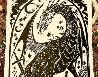 Impresión clásica de linograbado de dragón