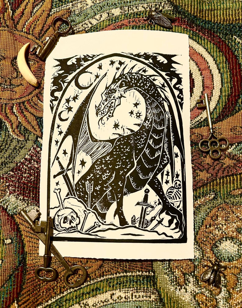Classic Dragon Linocut Print image 1