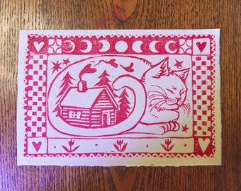 Kitty Cat Cabin Linocut Print-January Lino print