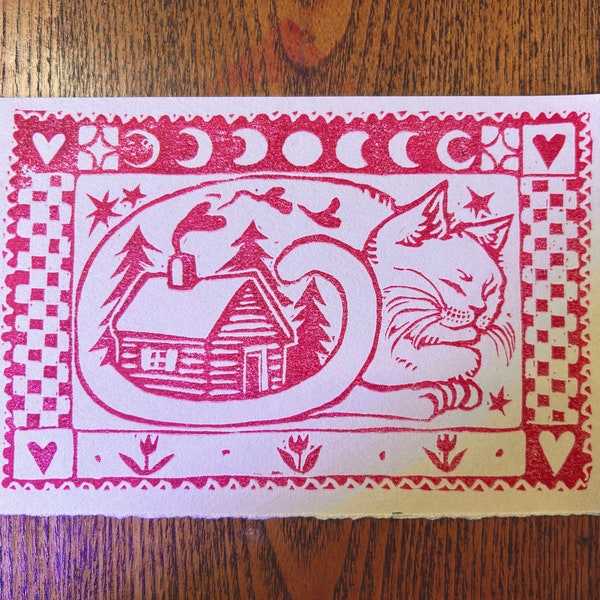 Kitty Cat Cabin Linocut Print-January Lino print