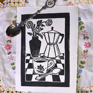 Moka Pot Latte Linocut Print- March Lino Print