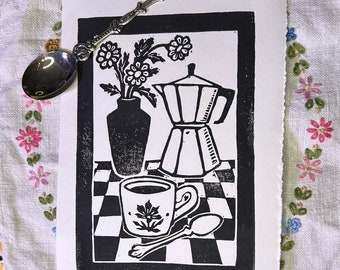 Moka Pot Latte Linocut Print- March Lino Print