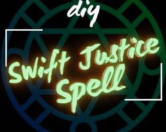 Puede incluir: Gráfico con las palabras "Swift Justice Spell" en fuente verde brillante, con la palabra "diy" encima. El texto está sobre un fondo oscuro con un diseño geométrico verde azulado.