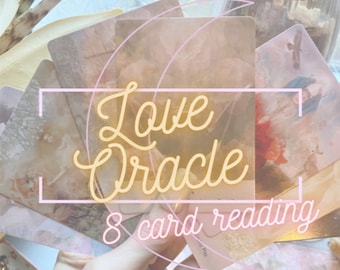 May include: A close-up of an 8 card love oracle reading. The cards are spread out on a table and feature soft, pastel colors and delicate imagery. The text "Love Oracle 8 card reading" is superimposed on the image.