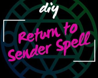 Puede incluir: Un diseño geométrico verde y azul sobre fondo negro. Las palabras "diy" en blanco están en la parte superior, y "Return to Sender Spell" en rosa en el centro. Corchetes blancos enmarcan el texto.