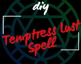 Può includere: Grafica circolare con sfondo nero e design geometrico verde e blu. Le parole "diy" in bianco e "Temptress Lust Spell" in rosso sono sovrapposte al design.