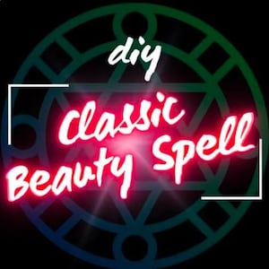 Può includere: Un'insegna al neon con le parole "classic Beauty Spell" in rosso brillante, con la parola "diy" sopra in bianco. Lo sfondo presenta un design geometrico verde e blu su sfondo nero.