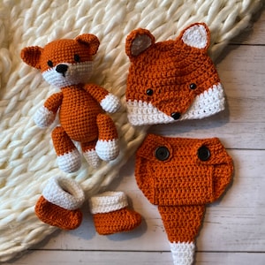 Crochet newborn fox set, crochet fox hat, crochet fox diaper cover, crochet booties, crochet stuffed animal fox