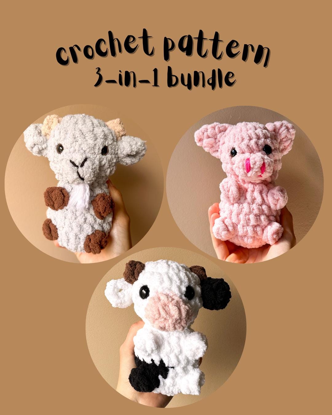 Farm Animal Crochet Pattern Bundle: Cow, Pig, Goat Amigurumi