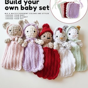 May include: A collection of handmade crochet baby sets, featuring animal-themed baby dolls with matching blankets and hats. The sets include a bunny, bear, and other animal designs in various colors. The text "Build your own baby set" is displayed.