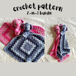 May include: Crochet pattern 2-in-1 bundle. The image shows two crochet baby blankets with attached stuffed animal heads. One blanket is pink and the other is blue. The blankets are square with a diamond pattern. The stuffed animals are a pink pig and a blue koala.