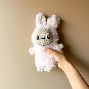 Fluffy Crochet Labubu Plush – Handmade Amigurumi Toy, 10” Tall Soft Pink Monster Doll, Kawaii Collectible Gift