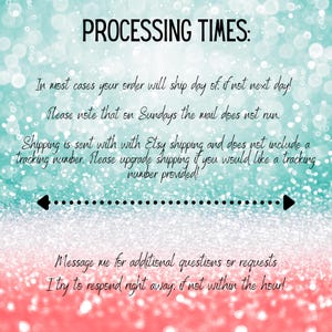 May include: Text on a teal and pink background reads "PROCESSING TIMES:" followed by shipping information. The text states orders ship the same day or next day, except Sundays. It also mentions Etsy shipping and tracking upgrades.