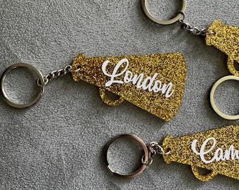 Personalized Cheer Megaphone Keychain: Glitter Cheerleader Gift