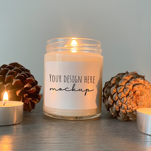 9oz soy candle mockup + fall/winter theme candle mockup + lit candle mockup + natural + business store mockups