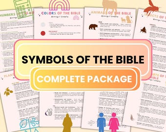 May include: A collection of printed educational materials titled "Symbols of the Bible Complete Package." The materials include information on colors, animals, insects, and other symbols, with text and illustrations. The design is colorful and organized.