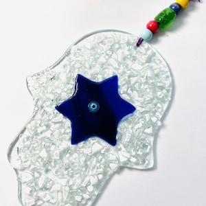 Hand-Painted Glass Hamsa Wall Decor: Jewish Kabbalah Blessing, Evil Eye Protection