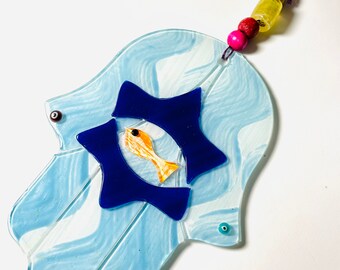 Handmade Glass Hamsa Wall Decor: Jewish Star of David, Evil Eye Protection