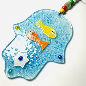 Handbemalte Glas-Hamsa-Wanddekoration: Jüdischer Fatima-Segen