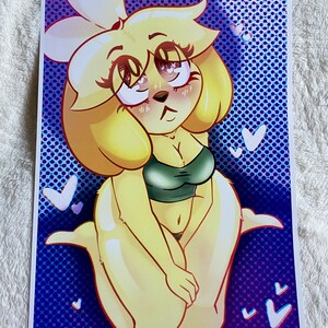 May include: A cartoon illustration of a yellow dog with a green top and a white bow. The dog is sitting on a purple background with white hearts. The illustration is signed 'Spacebuns' in the bottom right corner.