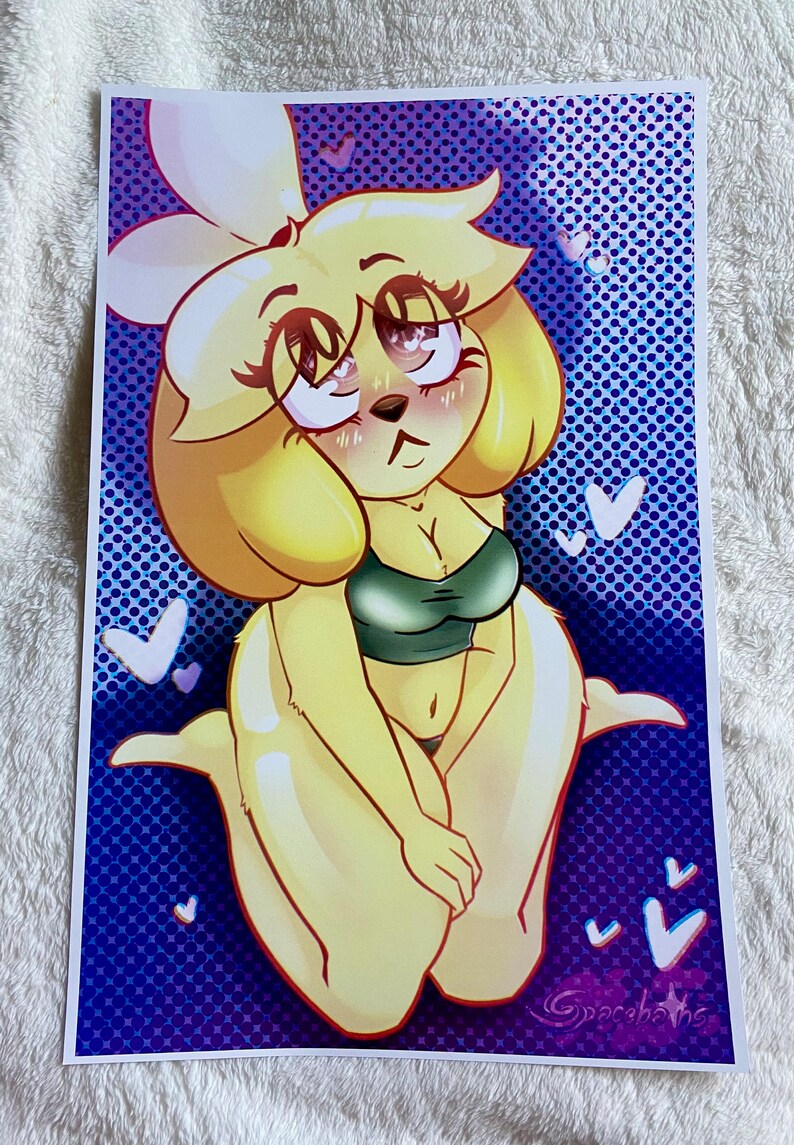 May include: A cartoon illustration of a yellow dog with a green top and a white bow. The dog is sitting on a purple background with white hearts. The illustration is signed 'Spacebuns' in the bottom right corner.