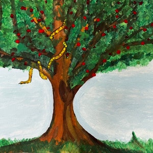 Snake in the Fruit Tree, The Plot Thickens.  Original watercolor Painting.