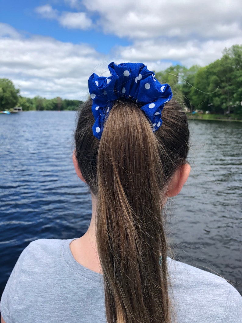 Blue polka dot scrunchie