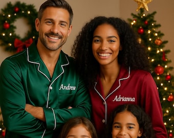 Christmas Pajamas for Family! Personalized Satin Christmas Pajamas – Burgundy & Green Family Set with Custom Names