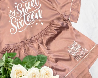 Sweet Sixteen Pajamas, Birthday Party Monogram Satin Pajamas Set, Birthday Girl PJs, Sweet 16 Gift for Girls, Birthday Gift for Daughter