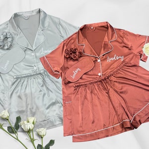 Personalized Short Satin Pajamas with Eye Masks and Slippers | Bridesmaid Gift Set | Set of Custom PJs, Mask, Scrunchies and Slippers