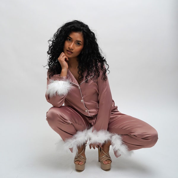 Satin Feather Pajamas with REMOVABLE Feathers, Pajamas with Feathers, Bridesmaid Gift, Pajamas for Bride, Feather Cuff Pajamas, Wedding PJs