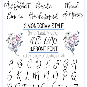 May include: A chart with a list of font styles and colors for customizing a wedding or bridal party item. The chart includes options for the name or title, monogram style, font style, and font color. The font styles are shown in a cursive script font. The font colors include white, rose gold, gold, silver, black, rust, burgundy, blue, navy, royal blue, and emerald green.