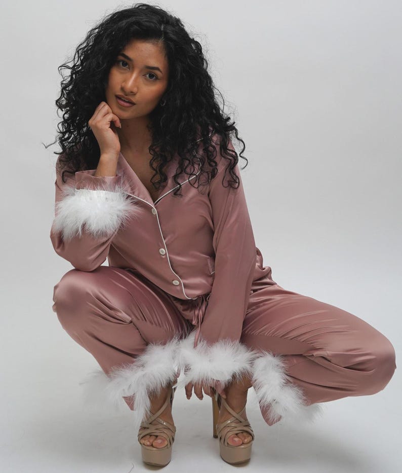NEW! Pajamas with Feathers, Bridesmaid Feather PJ Set, Feather Cuff Pajamas, Bridesmaid Gift, Satin Feather Pajamas withRemovable Feathers image 14