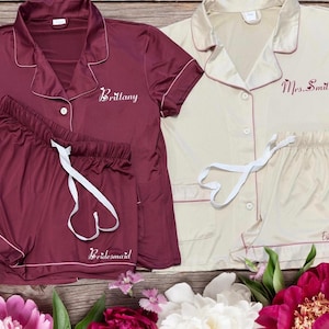 Soft and Stretchy Jersey Bridesmaid Pajamas, Bridesmaid Proposal Gift, Bachelorette Party, Personalized PJs for Getting Ready Pictures image 12