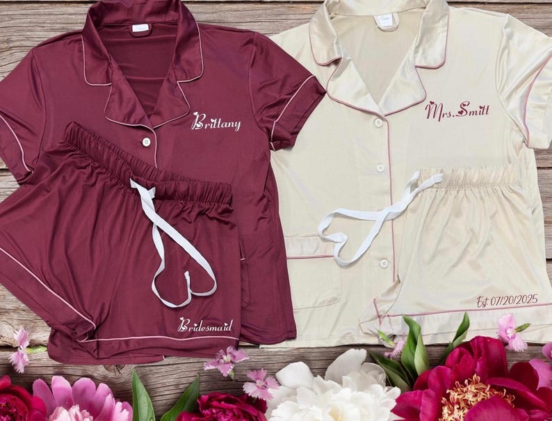 Soft and Stretchy Jersey Bridesmaid Pajamas, Bridesmaid Proposal Gift, Bachelorette Party, Personalized PJs for Getting Ready Pictures image 12
