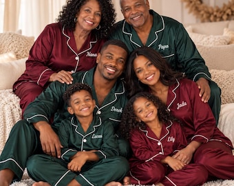 Christmas Pajamas for Family! Personalized Satin Christmas Pajamas – Burgundy & Green Family Set with Custom Names