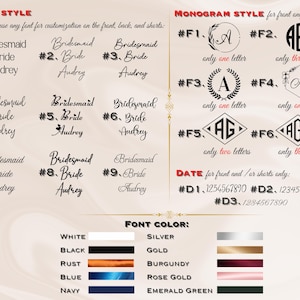 May include: A chart with font style and monogram style options for customizing a garment. The chart includes nine font styles numbered 1 through 9, six monogram styles numbered F1 through F6, and three date styles numbered D1 through D3. The chart also includes a color palette with ten color options: white, black, rust, blue, navy, silver, gold, burgundy, rose gold, and emerald green.