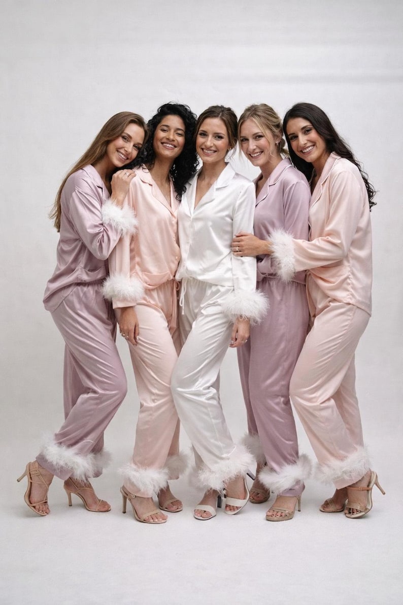 NEW! Pajamas with Feathers, Bridesmaid Feather PJ Set, Feather Cuff Pajamas, Bridesmaid Gift, Satin Feather Pajamas withRemovable Feathers image 15