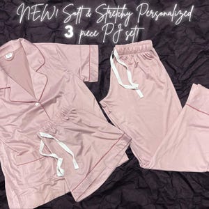 Soft & Stretchy Monogram Sleep Pajamas Top, Shorts Pants - 3-Piece Set, Gift for Her, Personalized Gift for Women, Bridesmaid PJs, Bride PJs