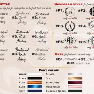 May include: A chart with font style and monogram style options for customizing a garment. The chart includes nine font styles numbered 1 through 9, six monogram styles numbered F1 through F6, and three date styles numbered D1 through D3. The chart also includes a color palette with ten color options: white, black, rust, blue, navy, silver, gold, burgundy, rose gold, and emerald green.